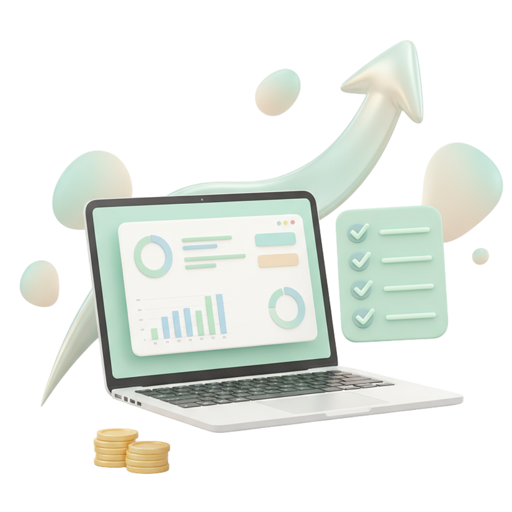 Dashboard with analytics, checklist, growth arrow and coins - turn your skills into income
